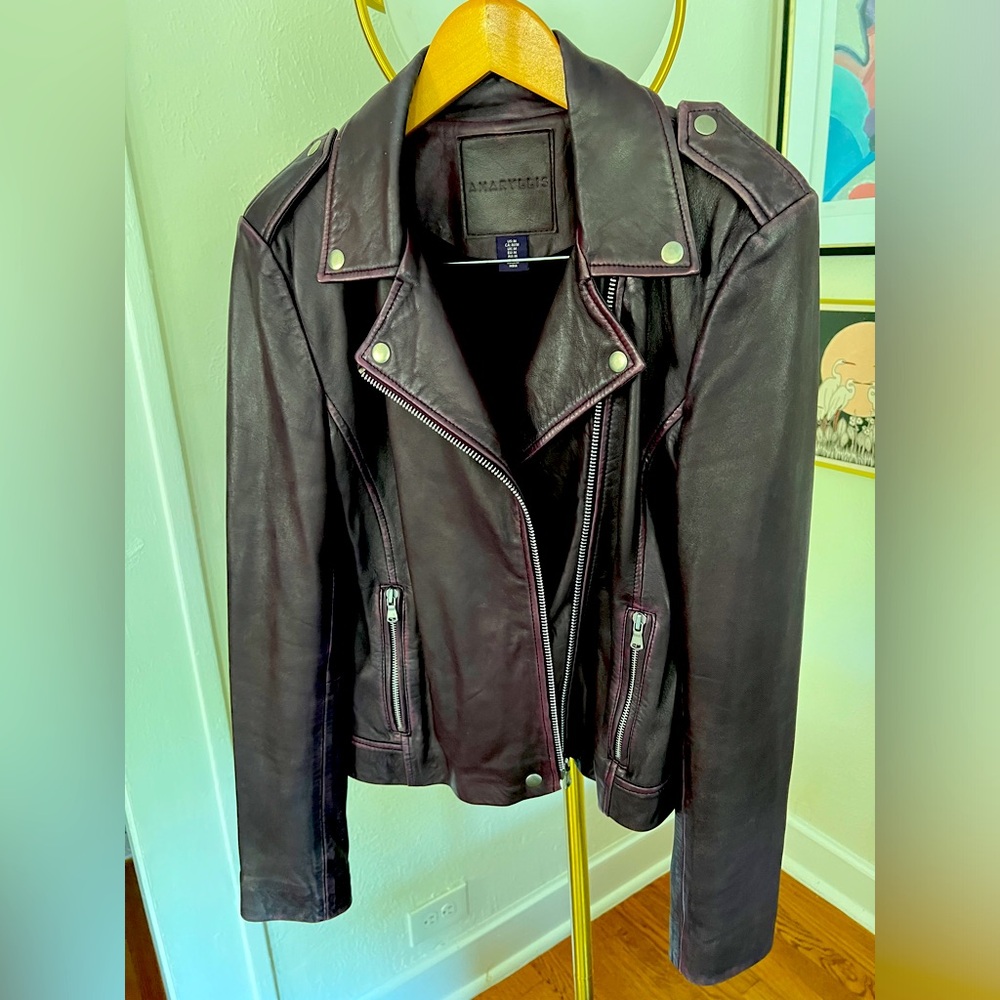 Women’s Leather Biker Jacket, Size M, Purple Burgundy
